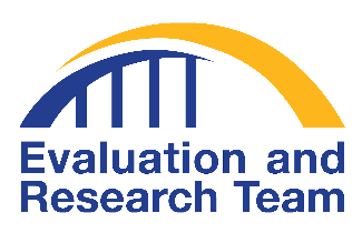 Logo for the Evaluation and Research Team: An arched bridge starting with a blue arc and pillars on the left and bottom, covered by a golden yellow arc on top.