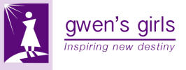 Gwen's Girls, Inspiring new desting, logo showing a figure of a person in white, standing on a hill with rays from the sun, against a dark purple background