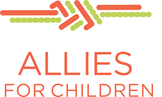Allies for Children logo - orange text, and an image of orange and light green bars that have been twisted into a double knot.
