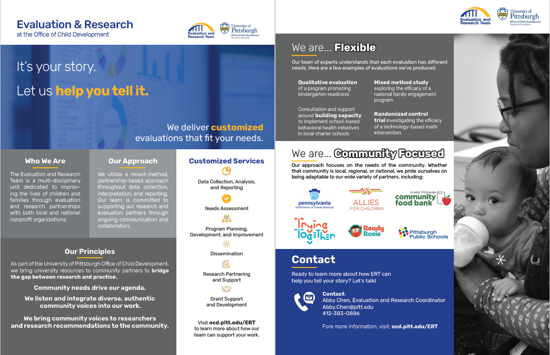 Thumbnail size screenshot of the 2 page ERT brochure containing text explaining ERT's services, with logos of partner organizations and a picture of a black woman and a baby.