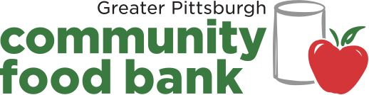 Greater Pittsburgh community foodbank logo with green letters, and images of a can of food and an apple