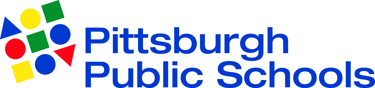 Pittsburgh Public Schools logo with a set of 9 block shapes: triangles, squares, and circles in red, green, yellow, and blue