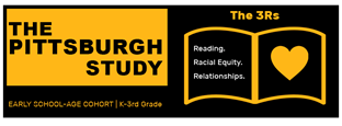 The Pittsburgh Study 3Rs logo, Early School-Age Cohort, K to third grade, Reading, Racial Equity, Relationships. Black and yellow logo showing an open book with a heart on one page and text on the other.