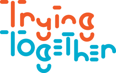 Trying Together logo, with orange and turquoise letters made of pieces resembling children's toys.